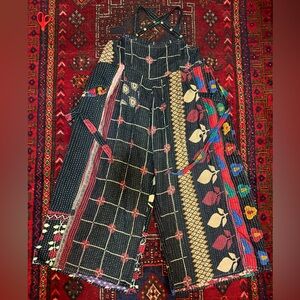 Kantha Bae Crossroad Kantha Overalls Free Size Black Geometric Roses Leaves NWT